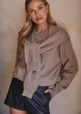 ASTR The Label Taupe Delrin Double Layer Sweater Tie Sleeves Wool Blend Sz Large
